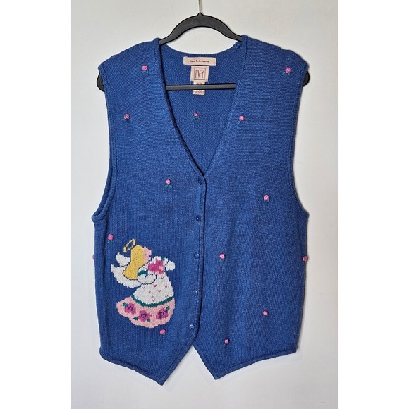 Ivy Jackets & Blazers - IVY Vintage Hand Embroidered Angel‎ Floral Knit Grandma Sweater Vest Blue XL